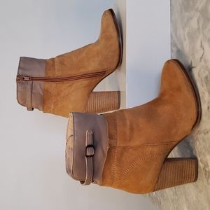 Seychelles Genuine Suede Leather High Heel Buckle, Side Zip Booties, Tan, Size 7